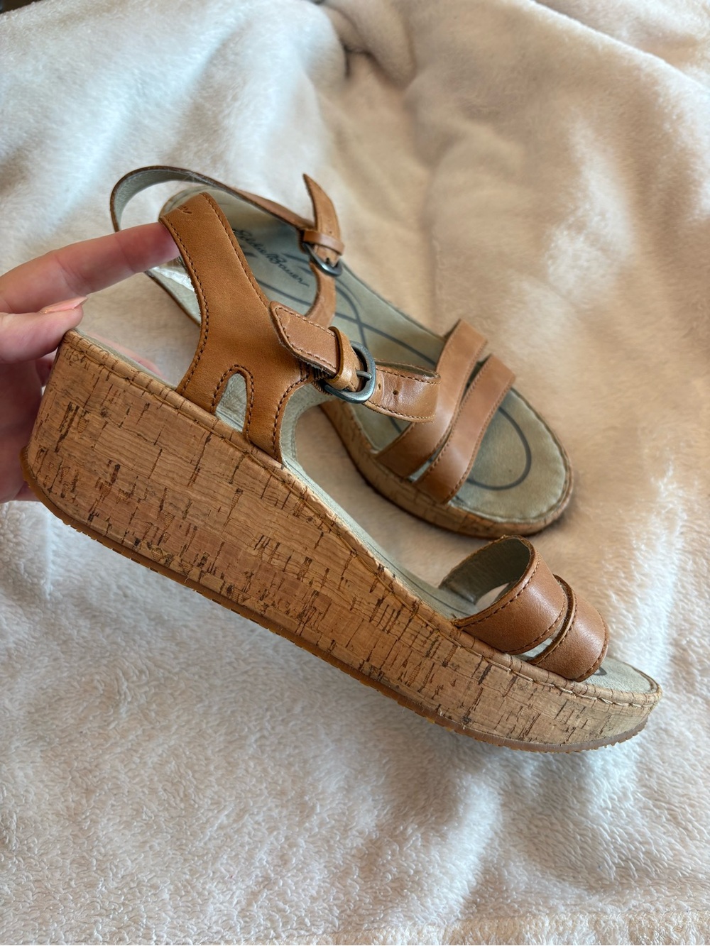 Eddie Bauer Brown Cork Wedge Sandals with Buckle Straps Beach Coastal